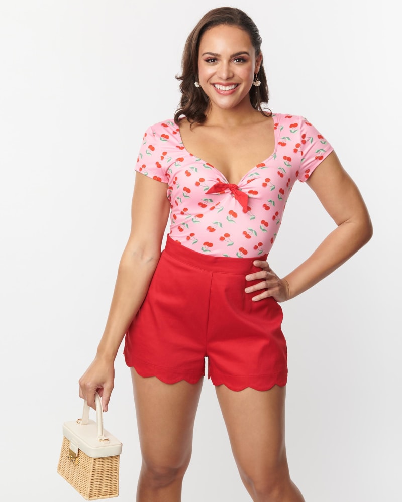 Front of a model wearing a size 1X Unique Vintage Red Scallop Shorts in Red by Unique Vintage. | dia_product_style_image_id:301118